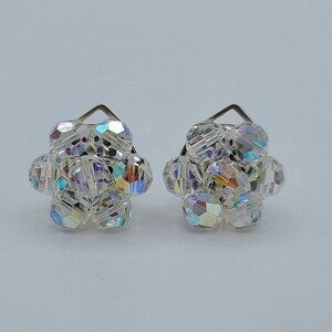 Vintage Crystal Aurora Borealis Clip Earrings Made In Italy #1209